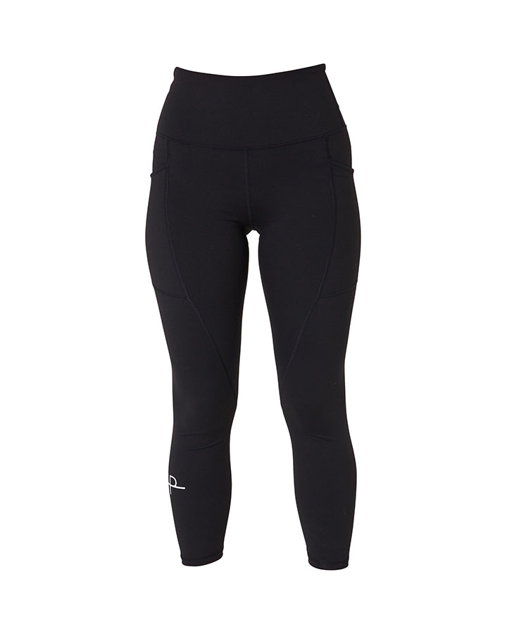 Black leggings with a small logo on a white background