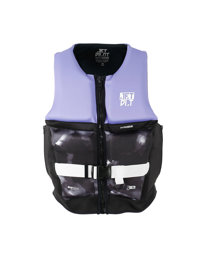 A purple Jetpilot 3sxty Hyperflex Life Jacket with a black zipper and what appears to be a neoprene expansion panel. The life jacket is displayed against a white background.