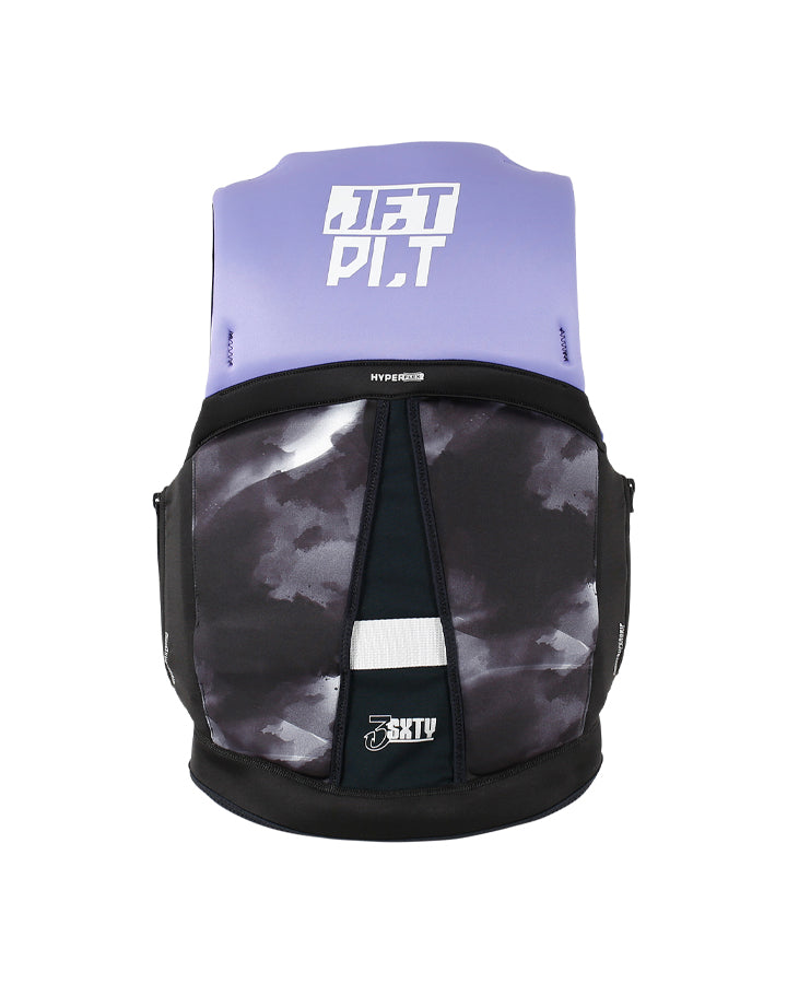 Back of Jetpilot hyper360 life jacket with purple top and black camouflage pattern