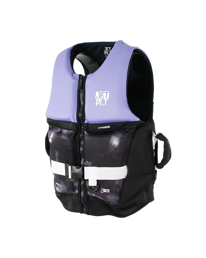 Life jacket with purple back and black front on white background