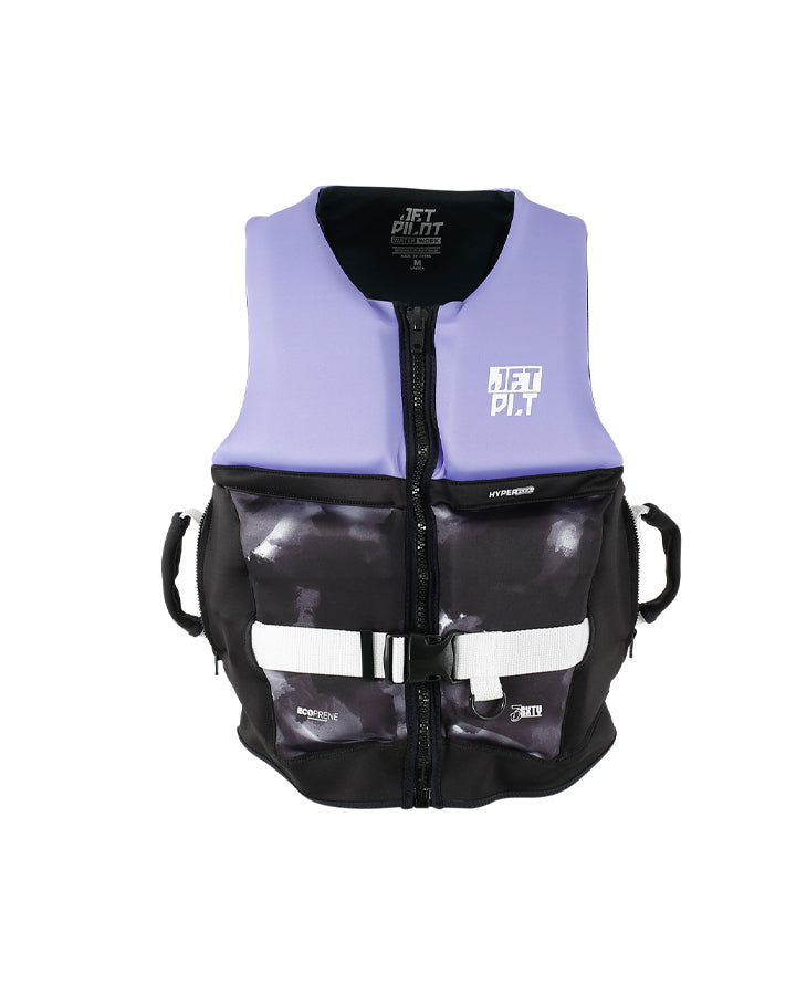 Life vest with purple top and black bottom on white background