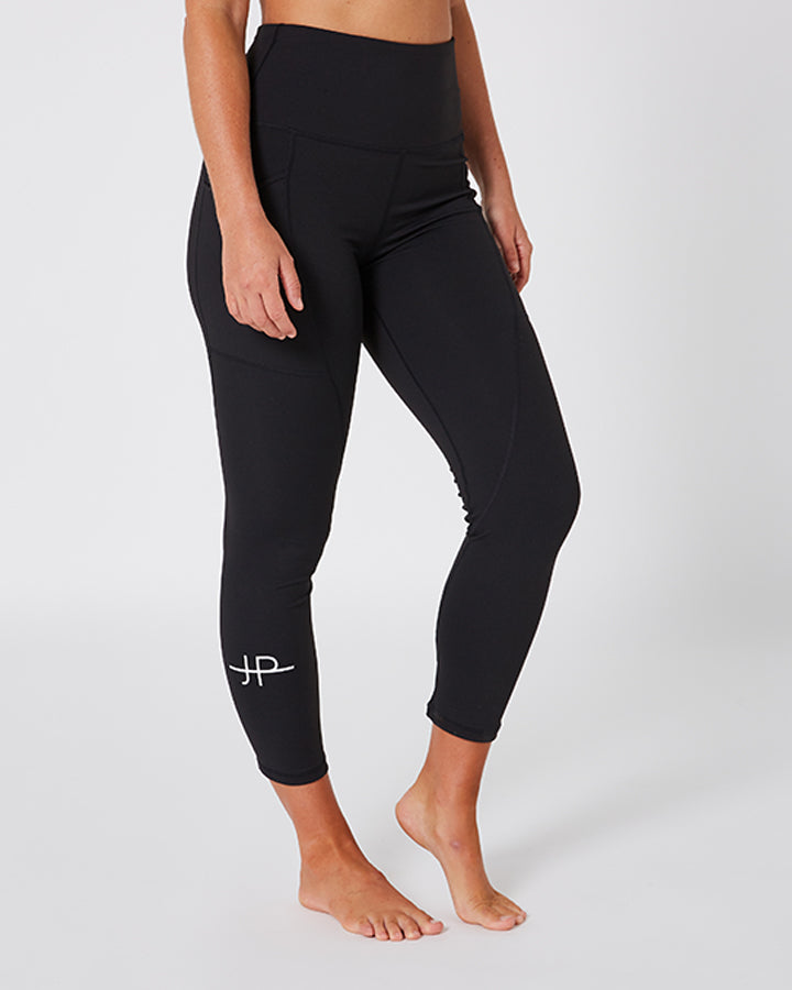 Black leggings with a logo on a white background