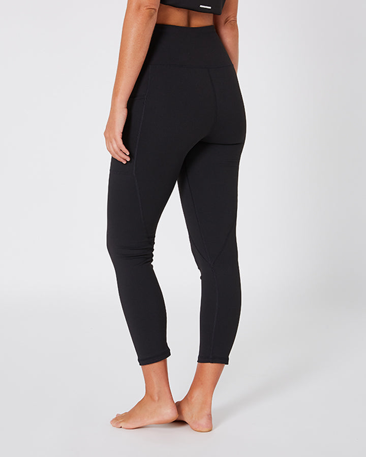 Person wearing black leggings on a white background