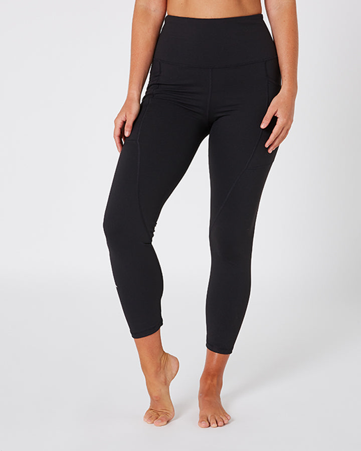 Person wearing black leggings on a white background