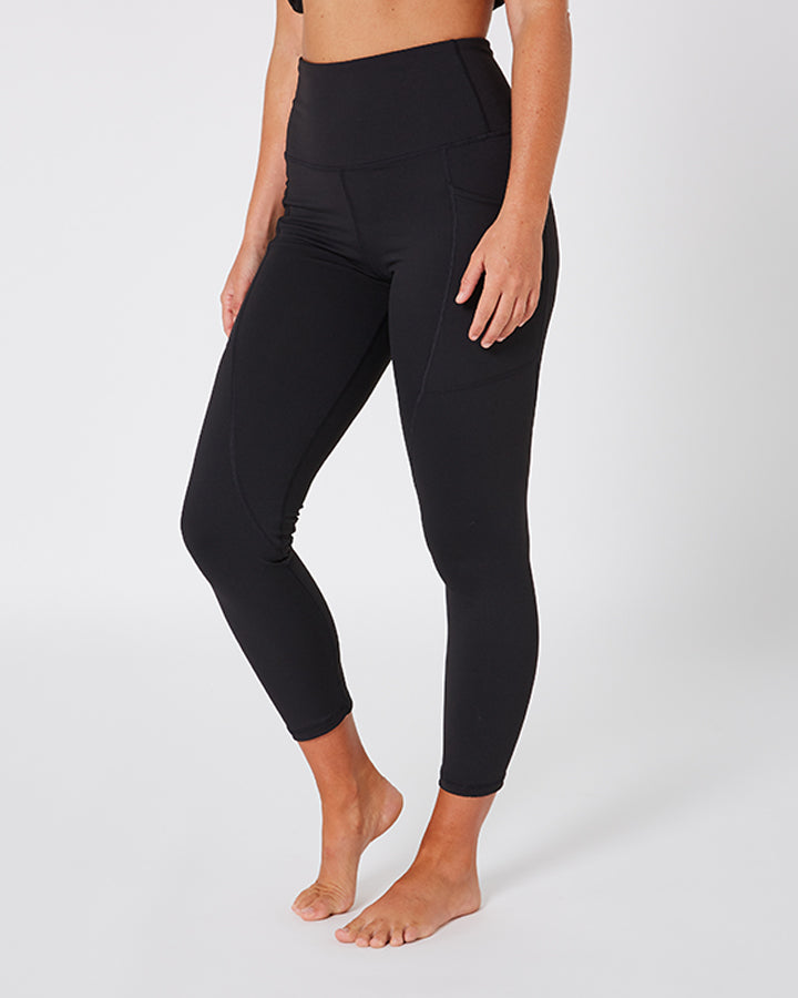 Person wearing black leggings on a white background