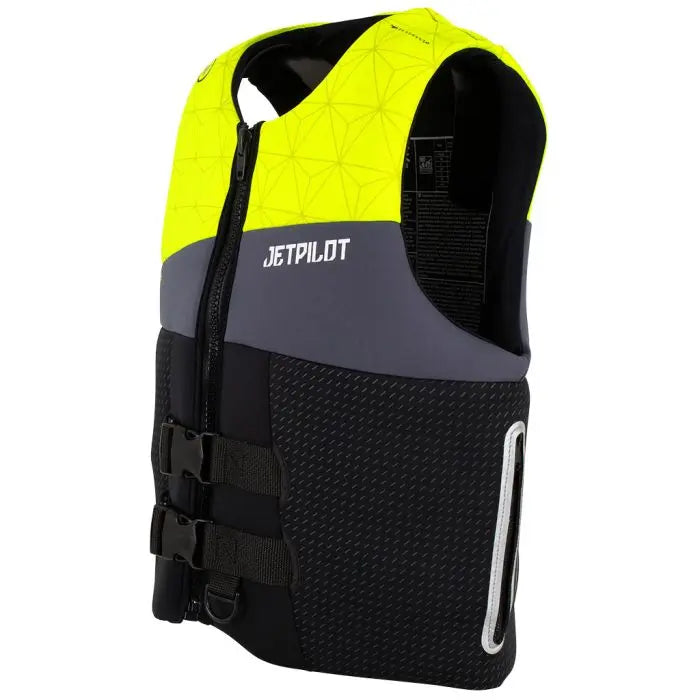 Jet Pilot life vest with yellow, gray, and black color scheme on a white background
