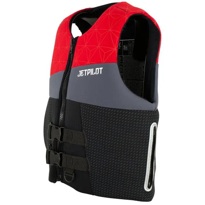 Red, gray, and black life vest with 'JetPilot' branding on a white background
