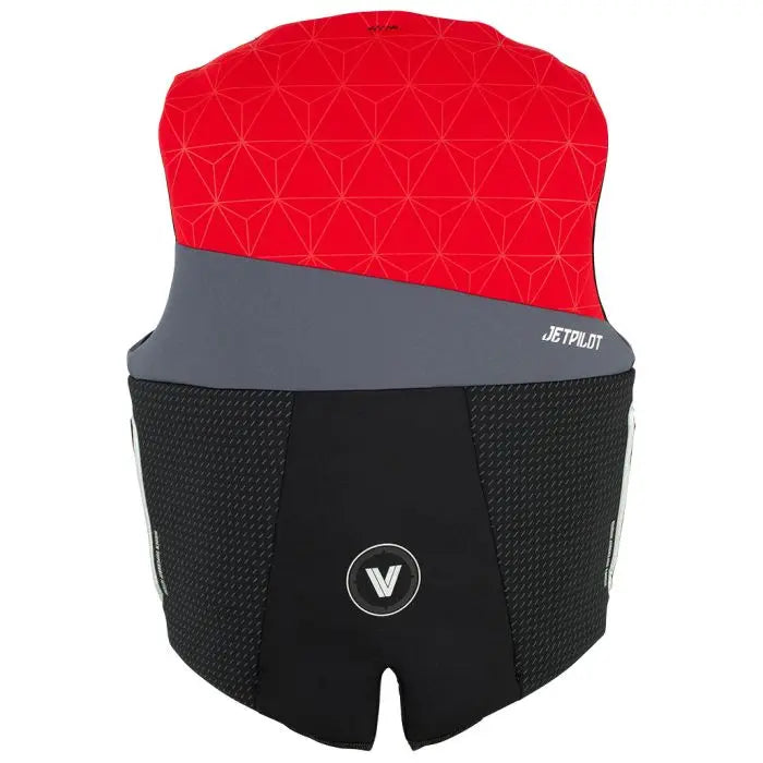 Red and black life vest with geometric pattern on a white background