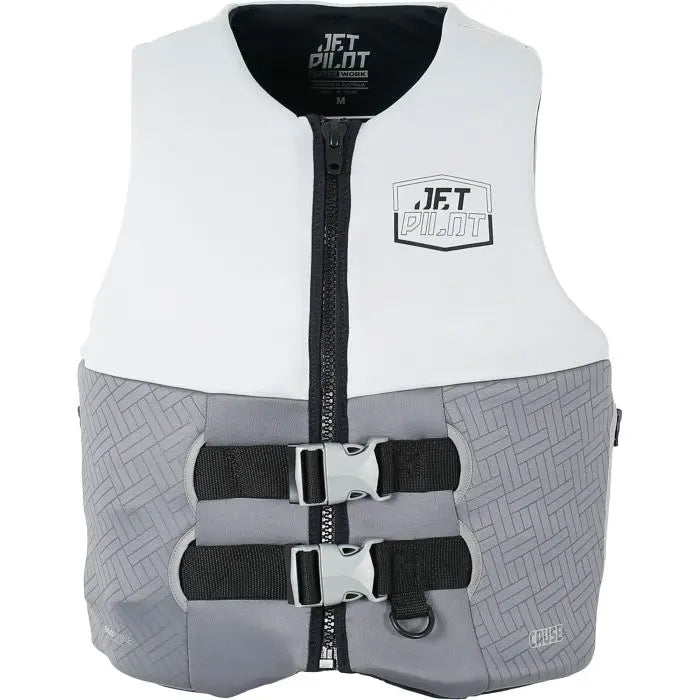 Gray and white life vest with 'JFT Pilot' branding on a white background