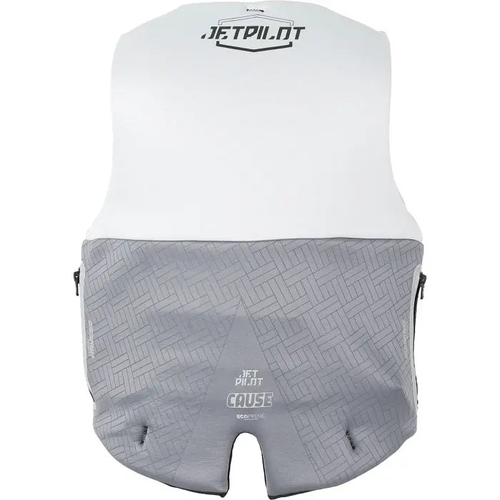 Gray and white life vest with 'JetPilot' branding on a white background